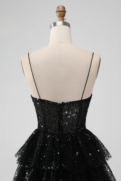 Amzcw Sparkly Black A Line Spaghetti Straps Tiered Short Homecoming Dress with Sequins