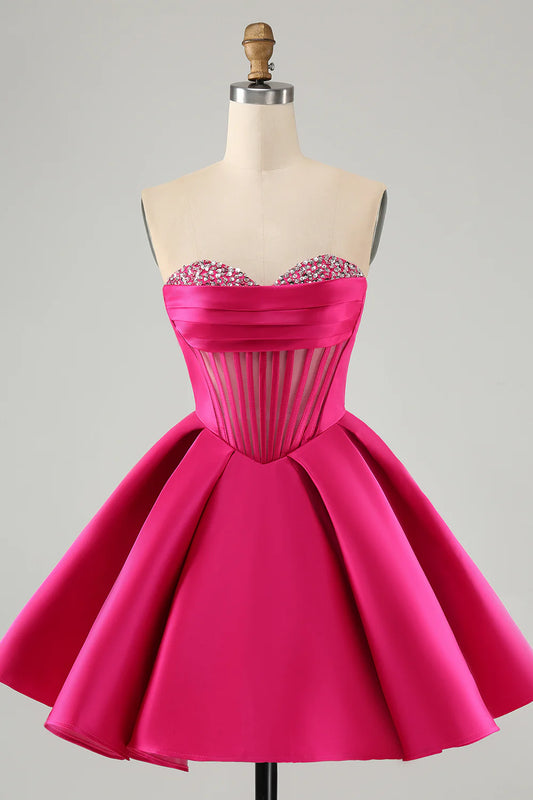 Amzcw Cute Fuchsia A Line Sweetheart Corset Short Homecoming Dress with Beading