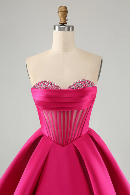 Amzcw Cute Fuchsia A Line Sweetheart Corset Short Homecoming Dress with Beading
