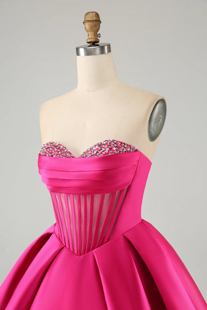 Amzcw Cute Fuchsia A Line Sweetheart Corset Short Homecoming Dress with Beading