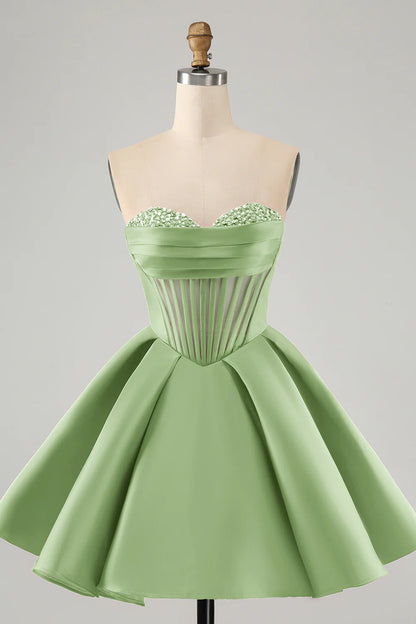Amzcw Cute Green A Line Sweetheart Corset Short Homecoming Dress with Beading
