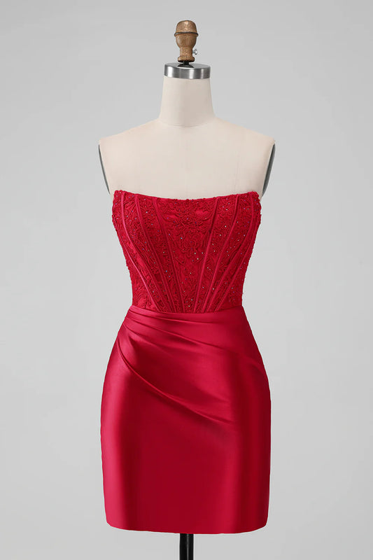 Amzcw Sparkly Red Bodycon Strapless Pleated Corset Short Homecoming Dress With Beading