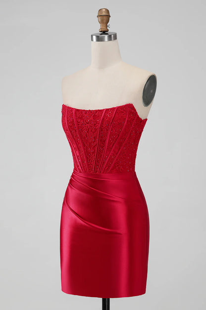 Amzcw Sparkly Red Bodycon Strapless Pleated Corset Short Homecoming Dress With Beading