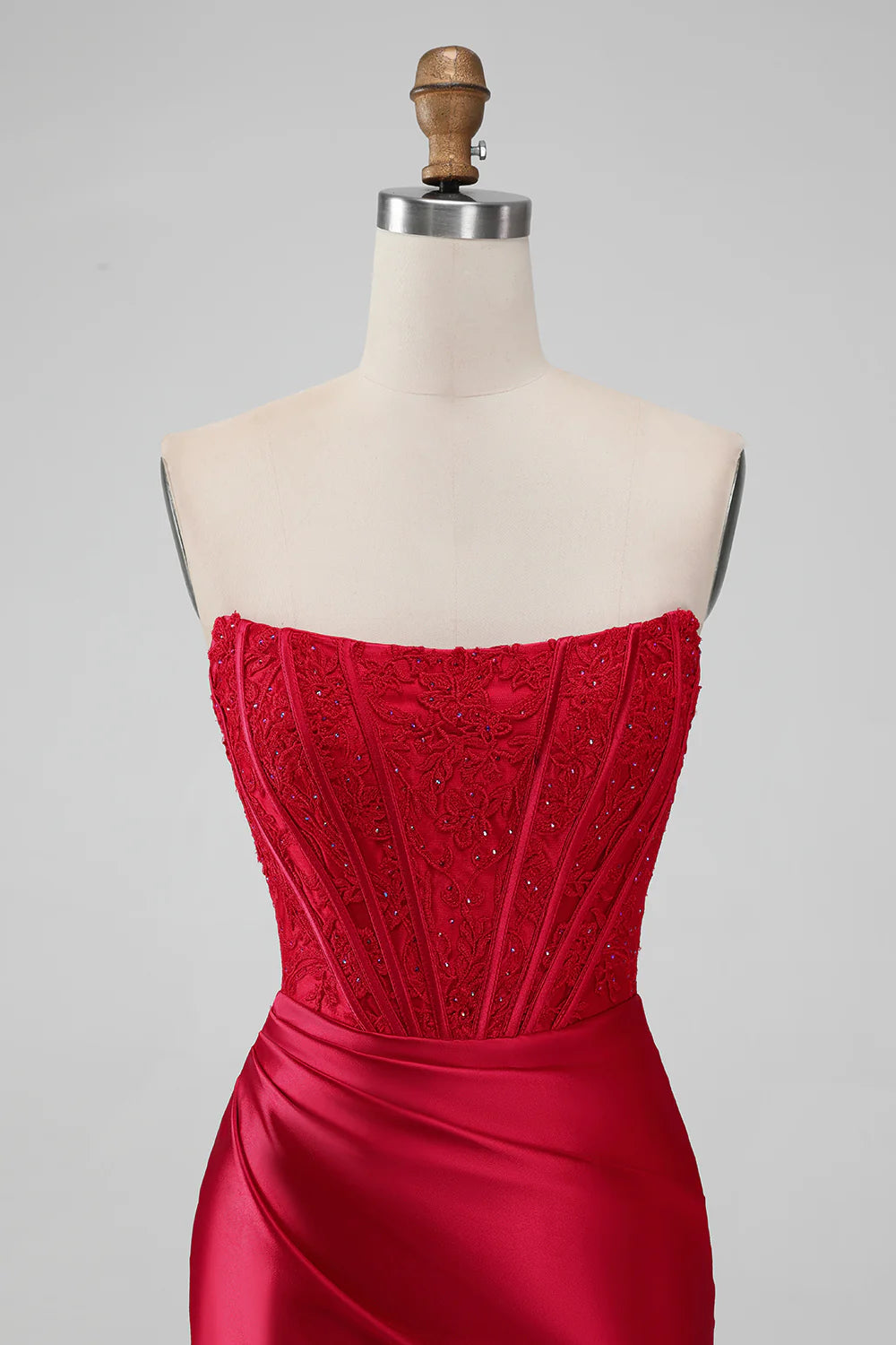 Amzcw Sparkly Red Bodycon Strapless Pleated Corset Short Homecoming Dress With Beading