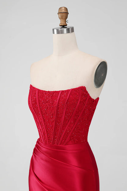 Amzcw Sparkly Red Bodycon Strapless Pleated Corset Short Homecoming Dress With Beading