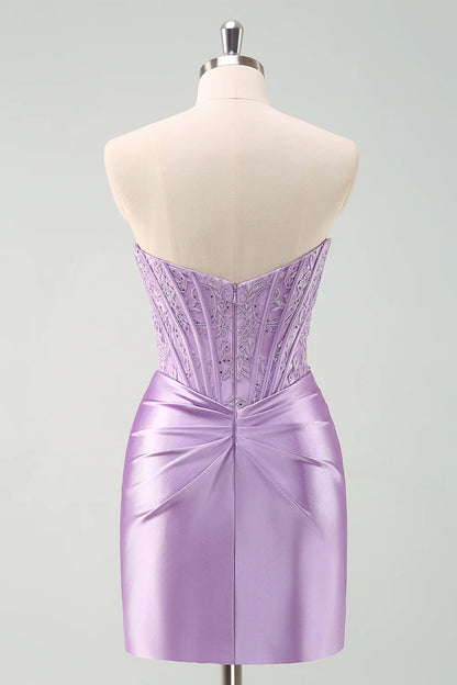 Amzcw Stylish Purple Bodycon Pleated Beaded Corset Short Homecoming Dress