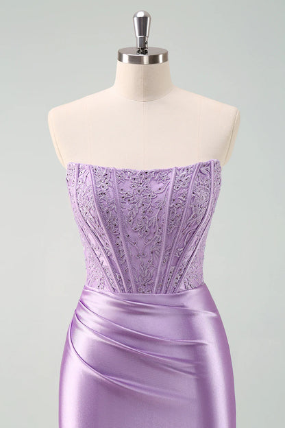 Amzcw Stylish Purple Bodycon Pleated Beaded Corset Short Homecoming Dress