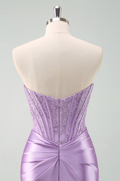 Amzcw Stylish Purple Bodycon Pleated Beaded Corset Short Homecoming Dress