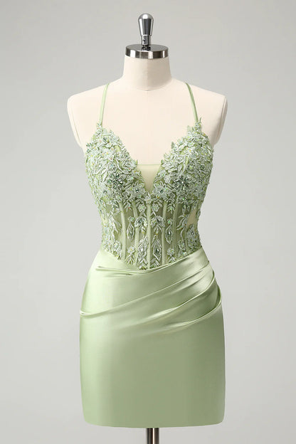 Amzcw Stylish Green Sheath Criss Cross Back Corset Short Homecoming Dress with Appliques