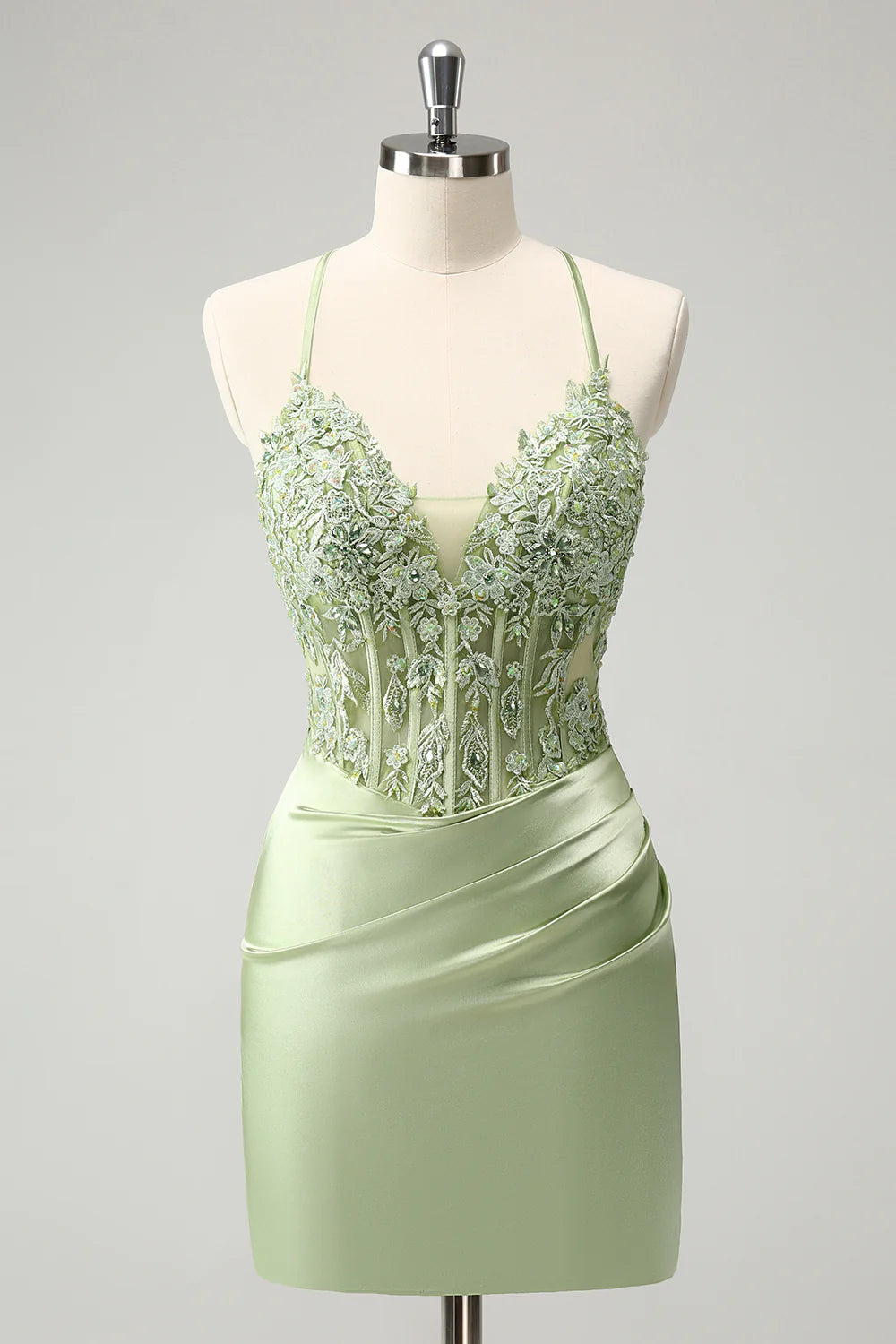 Amzcw Stylish Green Sheath Criss Cross Back Corset Short Homecoming Dress with Appliques