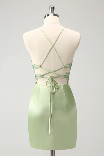 Amzcw Stylish Green Sheath Criss Cross Back Corset Short Homecoming Dress with Appliques