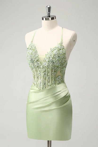 Amzcw Stylish Green Sheath Criss Cross Back Corset Short Homecoming Dress with Appliques