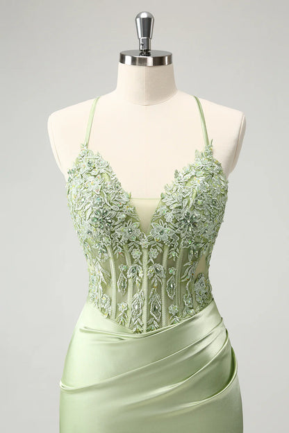 Amzcw Stylish Green Sheath Criss Cross Back Corset Short Homecoming Dress with Appliques