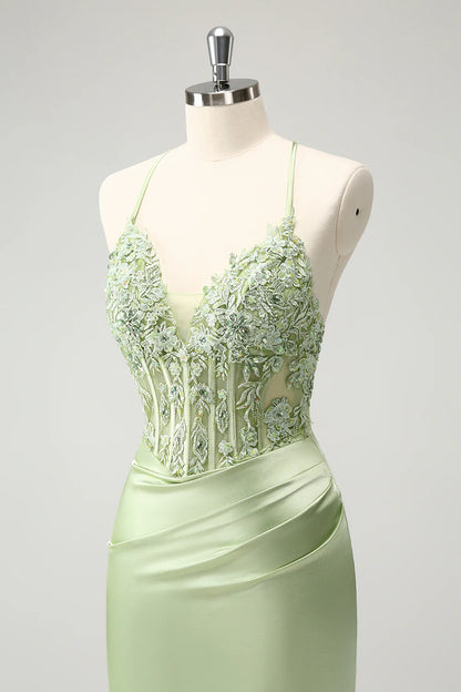 Amzcw Stylish Green Sheath Criss Cross Back Corset Short Homecoming Dress with Appliques
