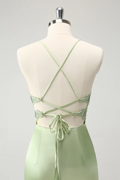 Amzcw Stylish Green Sheath Criss Cross Back Corset Short Homecoming Dress with Appliques