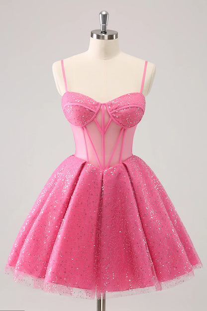 Amzcw Sparkly Cute Pink Spaghetti Straps A Line Corset Short Homecoming Dress with Sequins