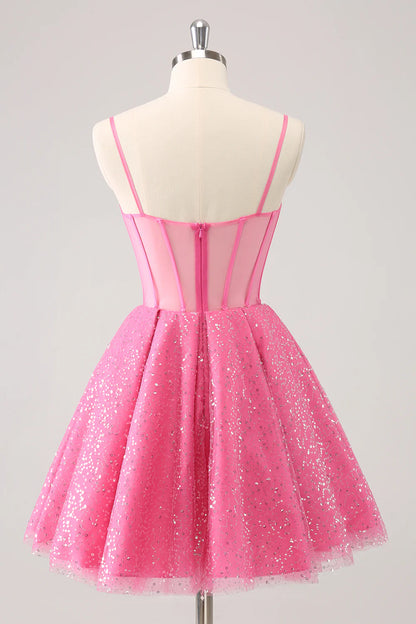 Amzcw Sparkly Cute Pink Spaghetti Straps A Line Corset Short Homecoming Dress with Sequins