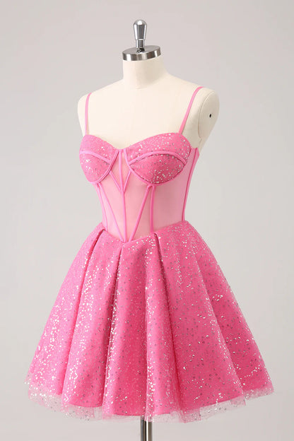 Amzcw Sparkly Cute Pink Spaghetti Straps A Line Corset Short Homecoming Dress with Sequins