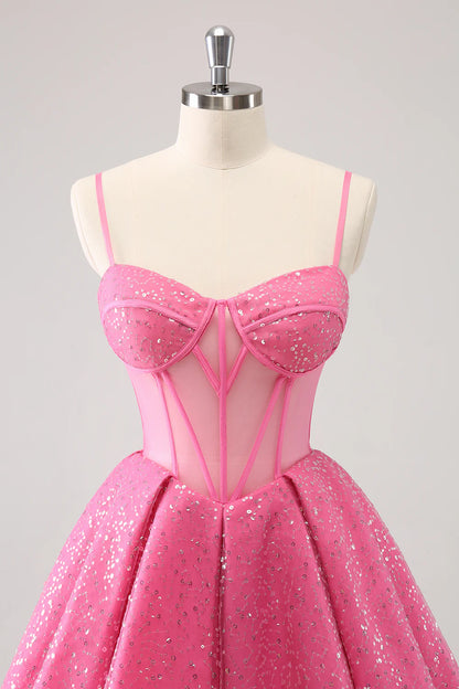 Amzcw Sparkly Cute Pink Spaghetti Straps A Line Corset Short Homecoming Dress with Sequins