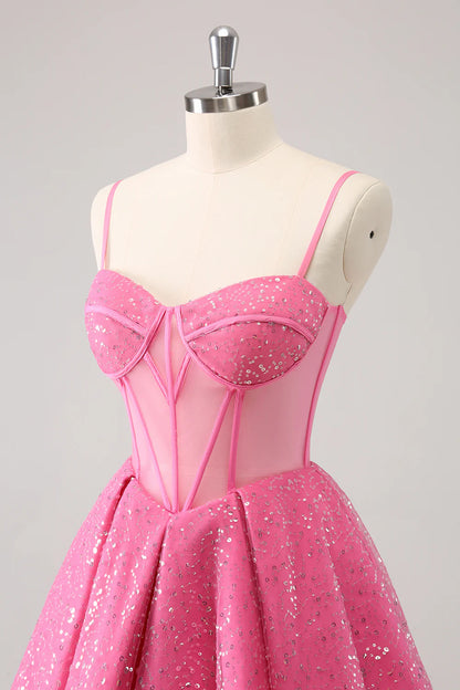 Amzcw Sparkly Cute Pink Spaghetti Straps A Line Corset Short Homecoming Dress with Sequins