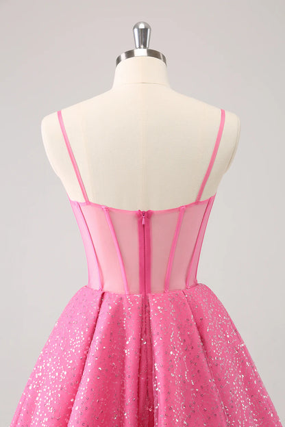 Amzcw Sparkly Cute Pink Spaghetti Straps A Line Corset Short Homecoming Dress with Sequins