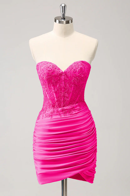 Amzcw Glitter Fuchsia Tight Sweetheart Corset Short Pleated Homecoming Dress with Beading