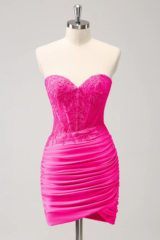 Amzcw Glitter Fuchsia Tight Sweetheart Corset Short Pleated Homecoming Dress with Beading