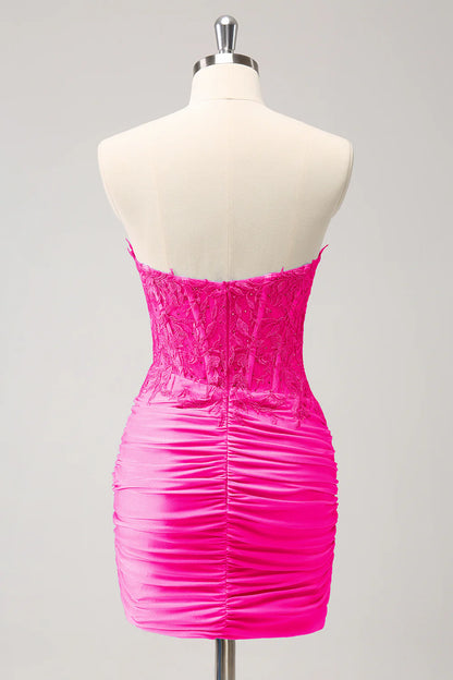 Amzcw Glitter Fuchsia Tight Sweetheart Corset Short Pleated Homecoming Dress with Beading