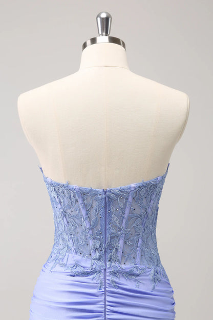 Amzcw Glitter Lilac Tight Sweetheart Corset Short Pleated Homecoming Dress with Beading