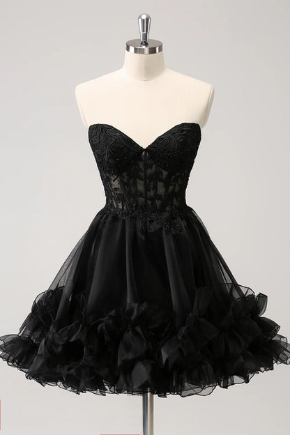 Amzcw Sparkly Black A Line Sweetheart Corset Beaded Homecoming Dress with Lace Up Back