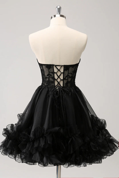 Amzcw Sparkly Black A Line Sweetheart Corset Beaded Homecoming Dress with Lace Up Back