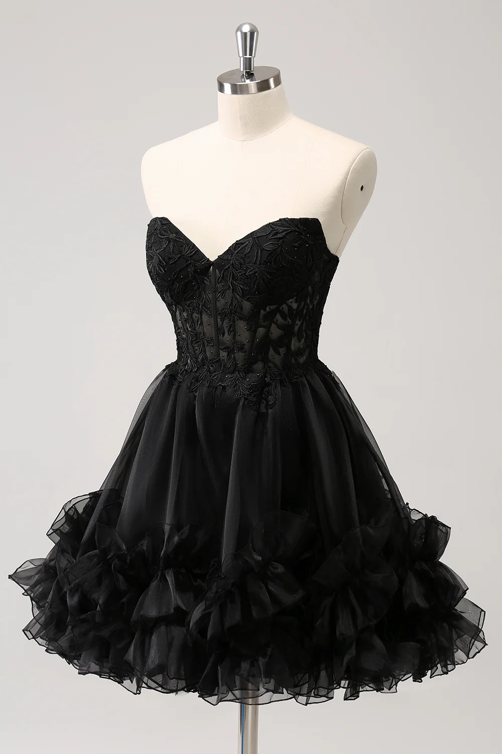 Amzcw Sparkly Black A Line Sweetheart Corset Beaded Homecoming Dress with Lace Up Back