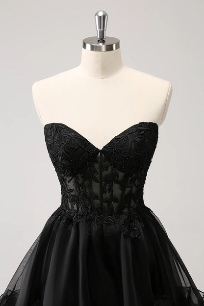 Amzcw Sparkly Black A Line Sweetheart Corset Beaded Homecoming Dress with Lace Up Back