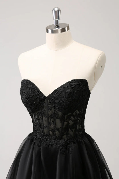 Amzcw Sparkly Black A Line Sweetheart Corset Beaded Homecoming Dress with Lace Up Back