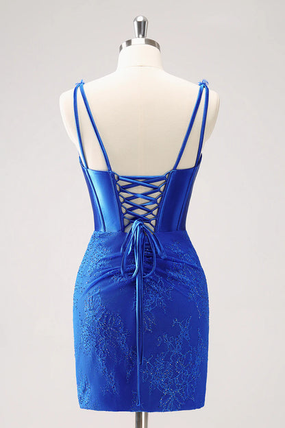 Amzcw Sparkly Royal Blue Bodycon V Neck Beaded Corset Ruched Homecoming Dress with Lace Up Back