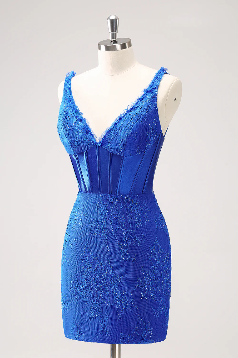 Amzcw Sparkly Royal Blue Bodycon V Neck Beaded Corset Ruched Homecoming Dress with Lace Up Back