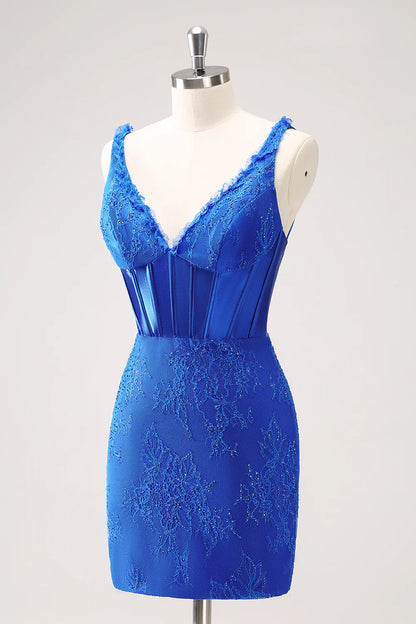 Amzcw Sparkly Royal Blue Bodycon V Neck Beaded Corset Ruched Homecoming Dress with Lace Up Back