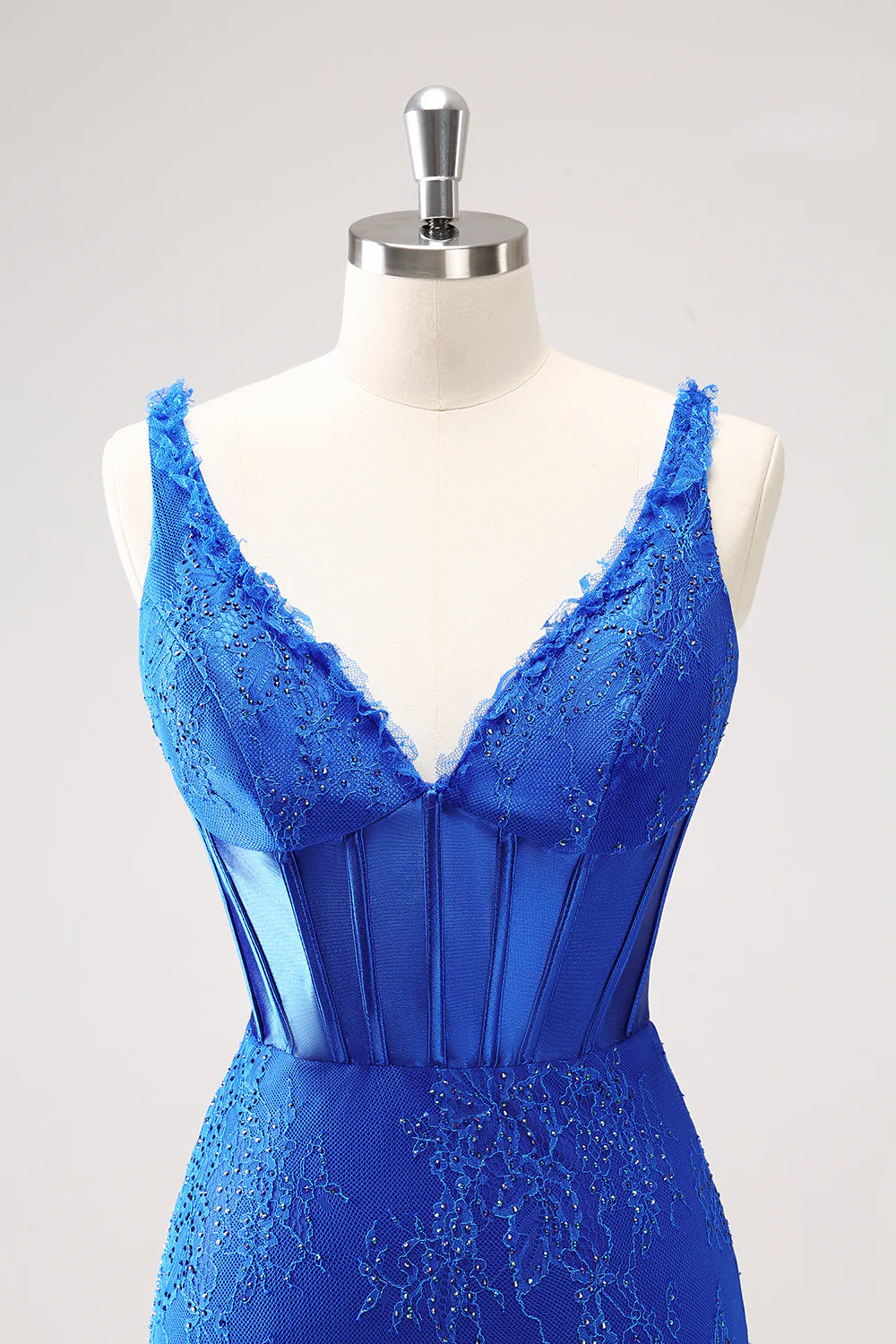Amzcw Sparkly Royal Blue Bodycon V Neck Beaded Corset Ruched Homecoming Dress with Lace Up Back
