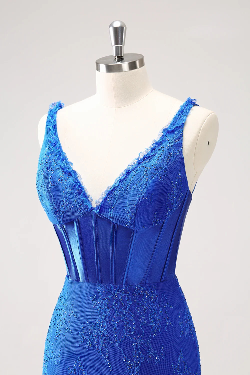 Amzcw Sparkly Royal Blue Bodycon V Neck Beaded Corset Ruched Homecoming Dress with Lace Up Back