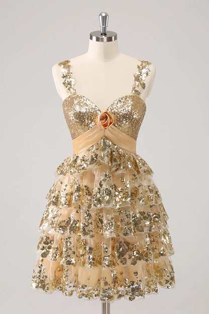 Amzcw Sparkly Golden A Line Corset Tiered Short Homecoming Dress with Flower