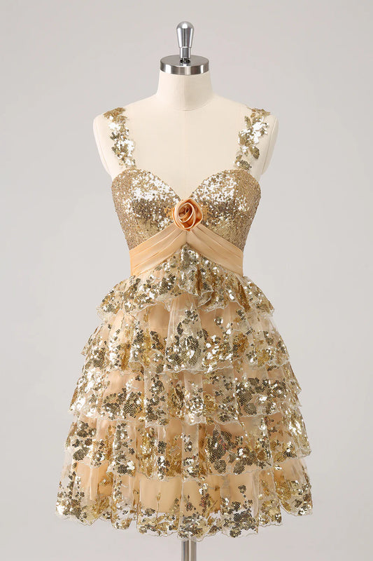 Amzcw Sparkly Golden A Line Corset Tiered Short Homecoming Dress with Flower