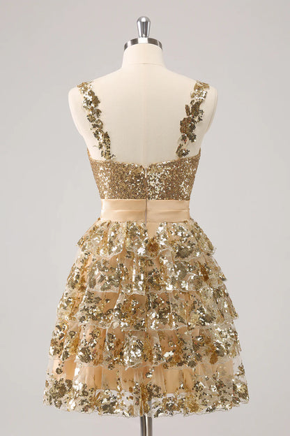 Amzcw Sparkly Golden A Line Corset Tiered Short Homecoming Dress with Flower