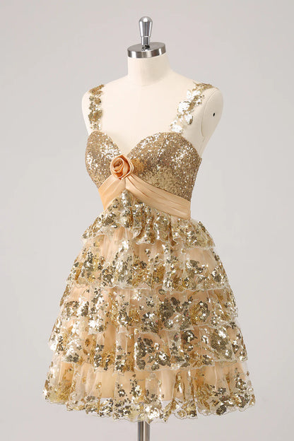 Amzcw Sparkly Golden A Line Corset Tiered Short Homecoming Dress with Flower