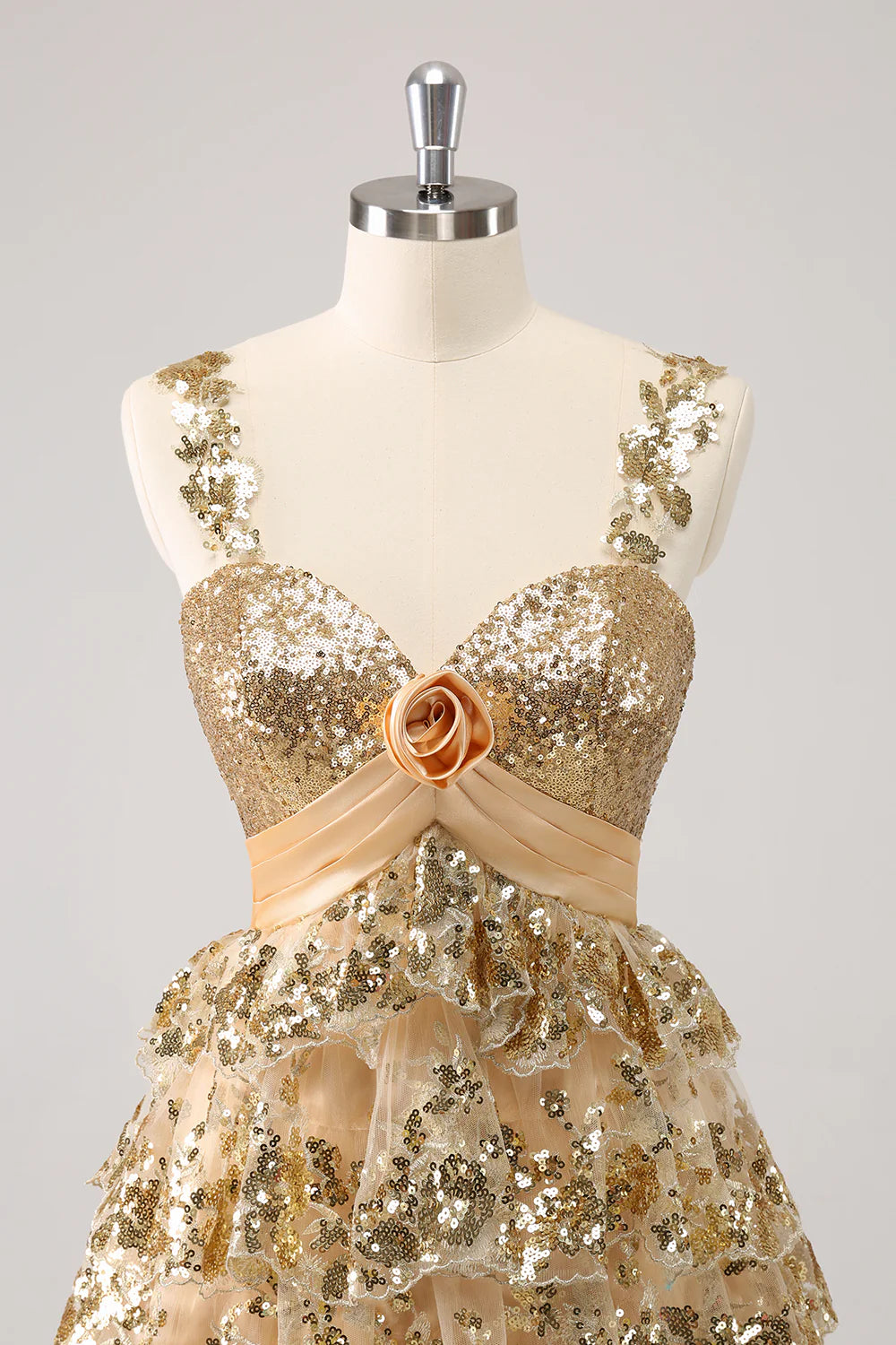 Amzcw Sparkly Golden A Line Corset Tiered Short Homecoming Dress with Flower
