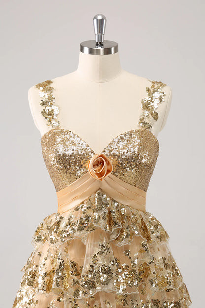 Amzcw Sparkly Golden A Line Corset Tiered Short Homecoming Dress with Flower