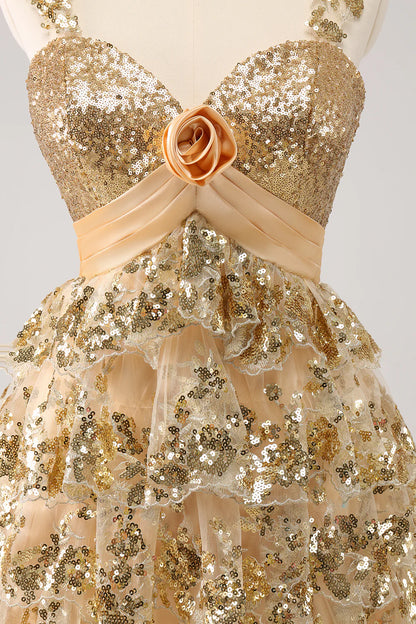Amzcw Sparkly Golden A Line Corset Tiered Short Homecoming Dress with Flower