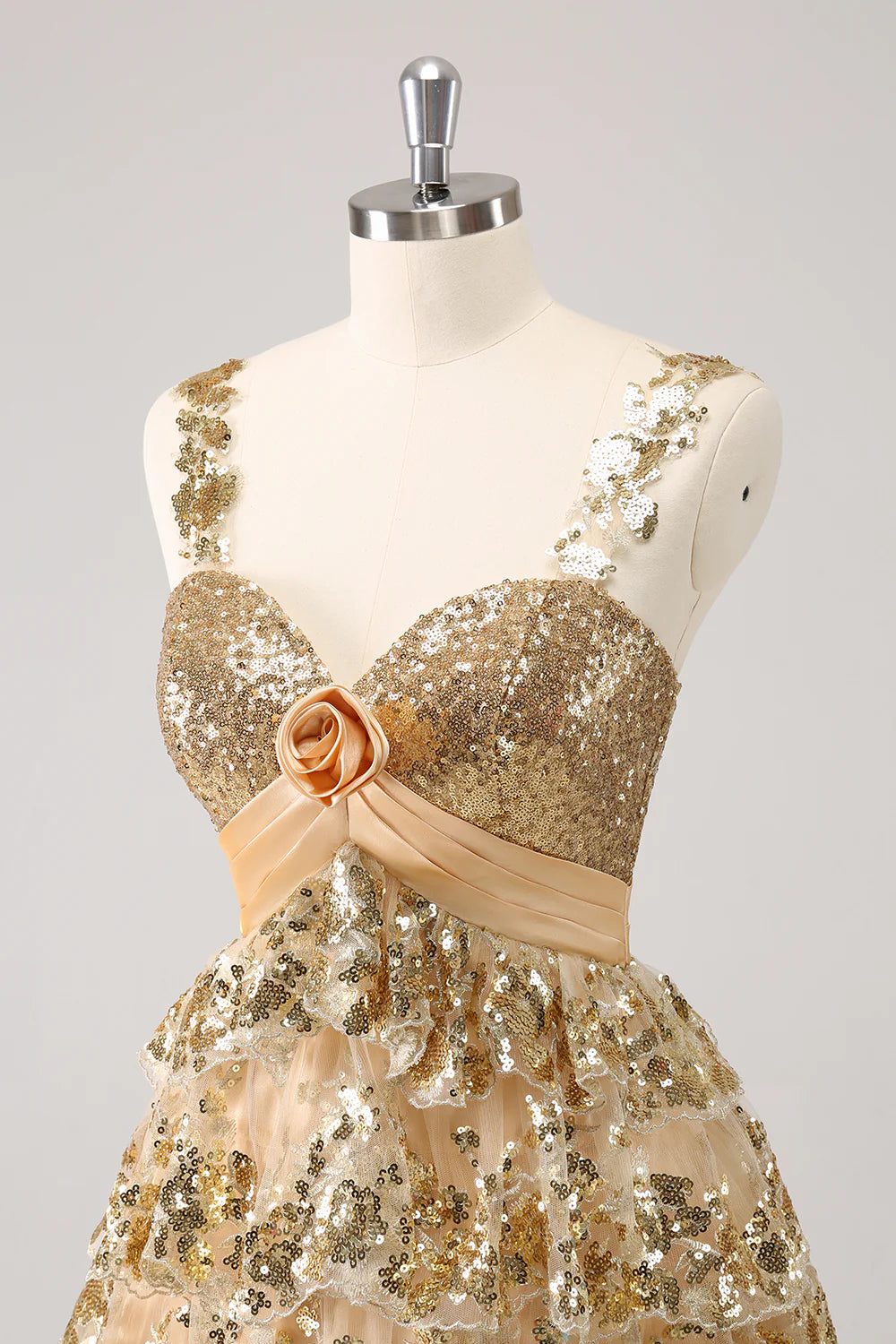 Amzcw Sparkly Golden A Line Corset Tiered Short Homecoming Dress with Flower