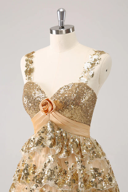 Amzcw Sparkly Golden A Line Corset Tiered Short Homecoming Dress with Flower