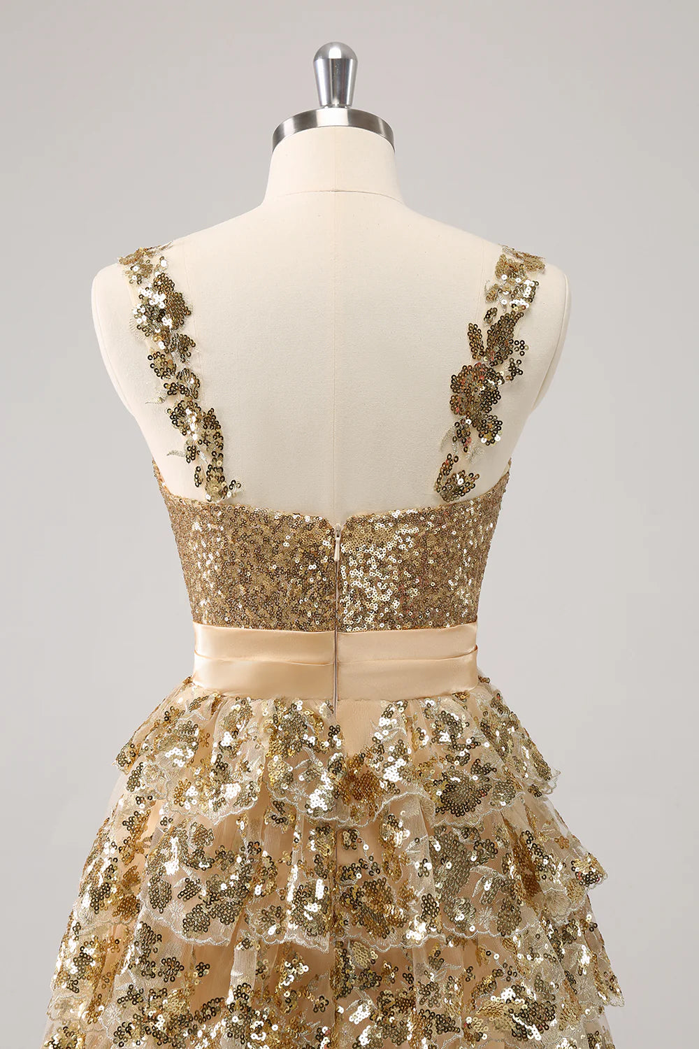 Amzcw Sparkly Golden A Line Corset Tiered Short Homecoming Dress with Flower
