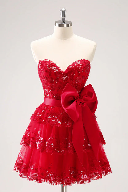 Amzcw Sparkly Red A Line Sweetheart Corset Tiered Ruffle Homecoming Dress with Bows